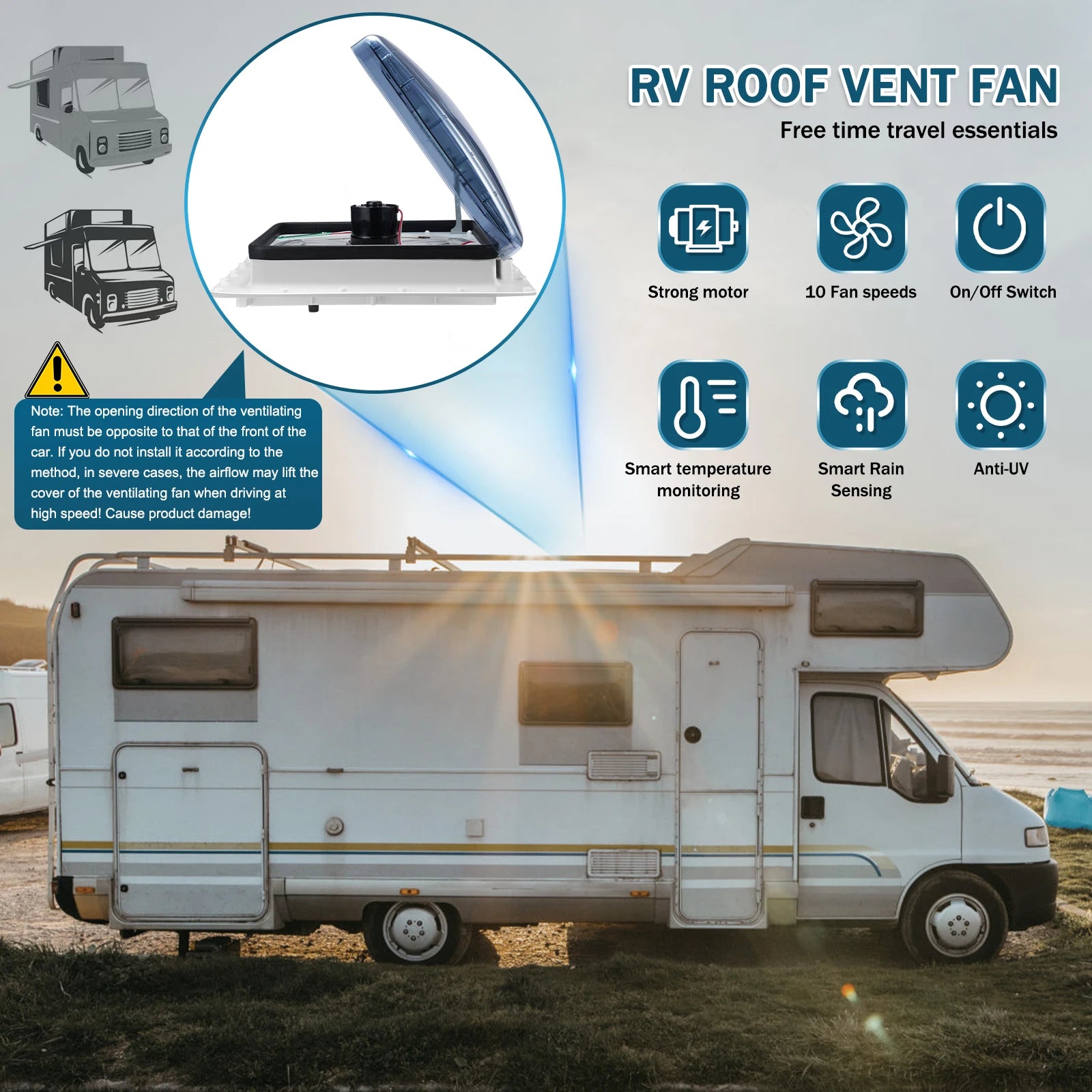 10 Speed RV Roof Vent Fan 40x40cm Remote Control Caravan RV Roof Skylight Vents Electric Rain Sensor Automatic Lift RV Fan