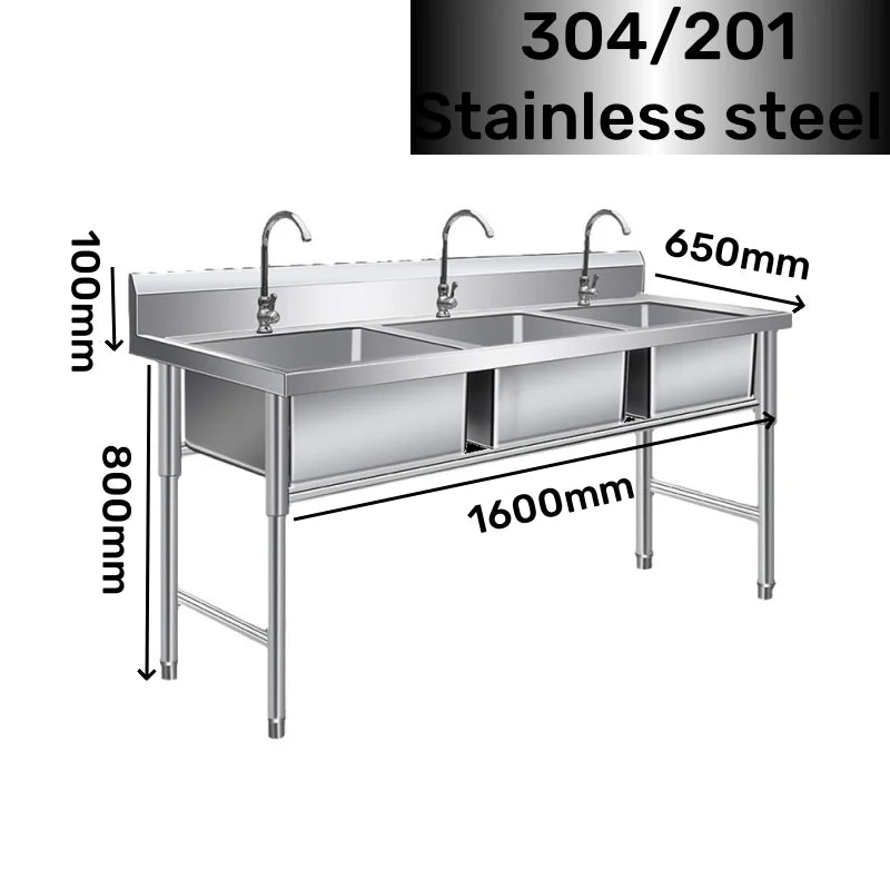 Stainless Steel Kitchen Sink 3-Room Freestanding Sink Standing Sink Handmade 201/304