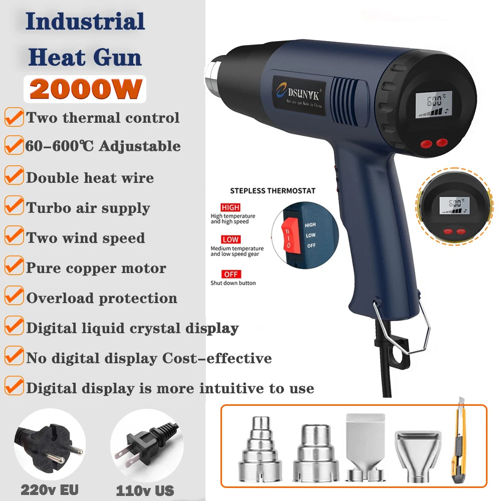 Construction Hair Dryer With Lcd 2000W Shrink Display Heat Gun 110v 220V Thermal Gun Powerful Thermal Blower Mini Hot Air Gun
