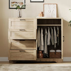 Multifunctional Wooden Dresser for Bedroom, 43.3'' H 2 Door Wardrobe Armoire Closet with 4 Drawers and Hanging Rod