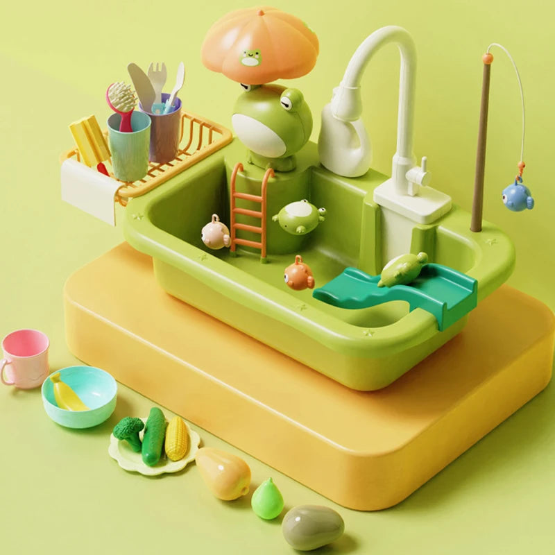 Kid Play Kitchen Sink Taps Toys Running Water Plastic for Toddler Electric Dishwasher Playing Toy Faucet Dishes Playset for Girl