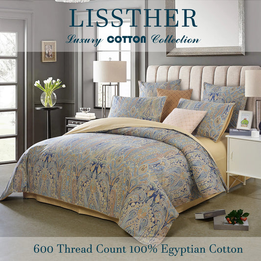 3pcs 600TC 100% Egyptian Cotton Duvet Cover Set, Vintage Bohemian Paisley Royal, Soft Skin-Friendly (No Inserts)
