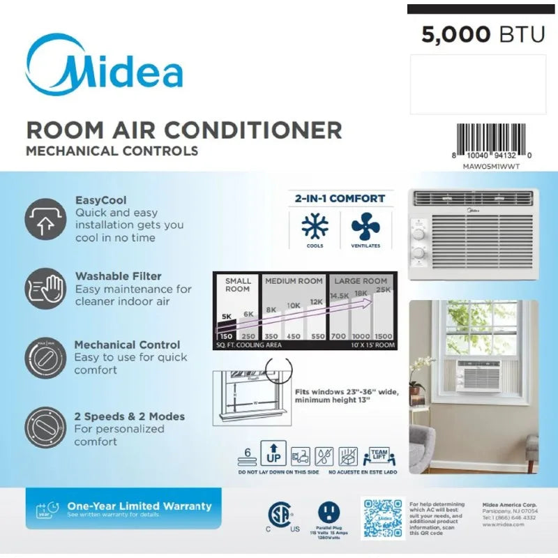 Midea 5,000 BTU 150 Sq ft Mechanical Window Air Conditioner, White, MA