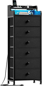 Dresser for Bedroom with Charging Station and LED Lights,6 Drawers Dresser White Chest of Drawers with Shelves, Tall Night Stand