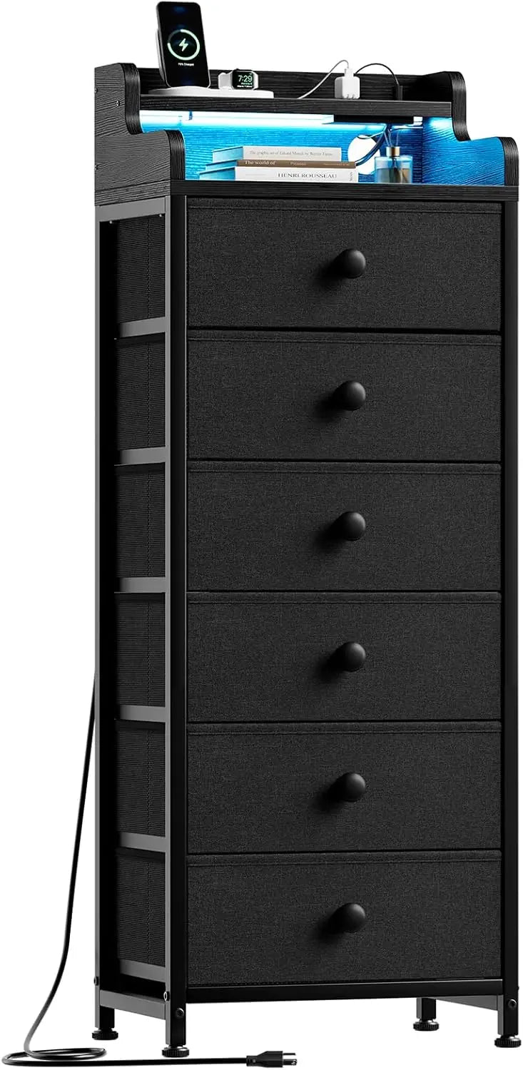 Dresser for Bedroom with Charging Station and LED Lights,6 Drawers Dresser White Chest of Drawers with Shelves, Tall Night Stand