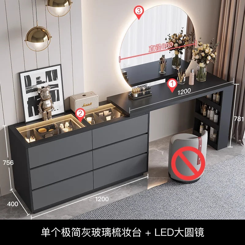 Minimalist Extendable Dresser Integrated Glass & Solid Wood Large Round Mirror 6-drawer For Makeup Table Bedroom