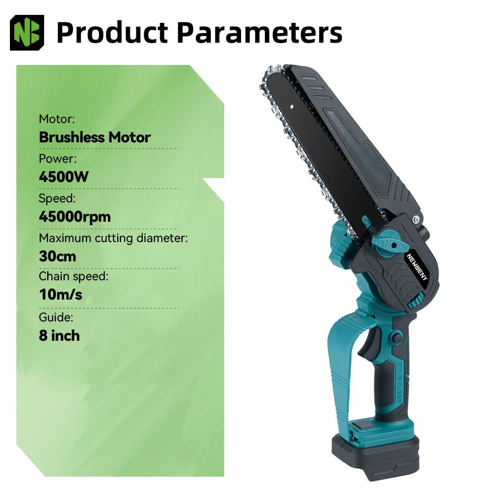 NEWBENY 8 Inch 4500W Brushless Electric Chainsaw Cordless Chain Saw Branch Tree Prunning Power Tool For Makita Battery Pin