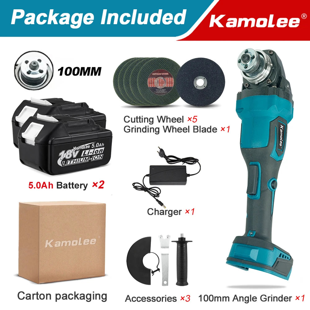 Kamolee M10 100MM 18500RPM Brushless Cordless Angle Grinder 3 Speed Cutting Power Tools Apply to 18V 21V Battery
