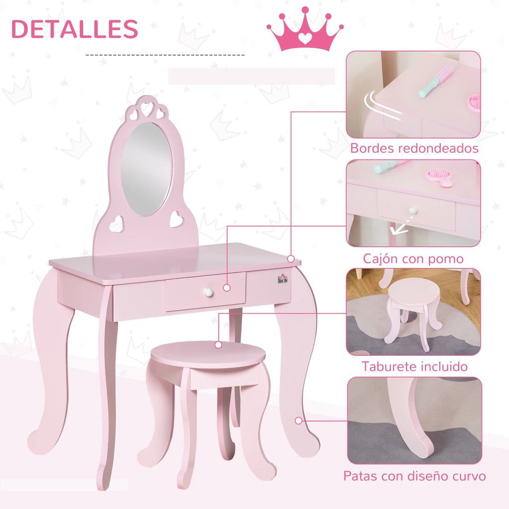 HOMCOM children's wooden dressing table for girls 3-6 years old mirror Stool 60x36x88cm