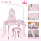 HOMCOM children's wooden dressing table for girls 3-6 years old mirror Stool 60x36x88cm