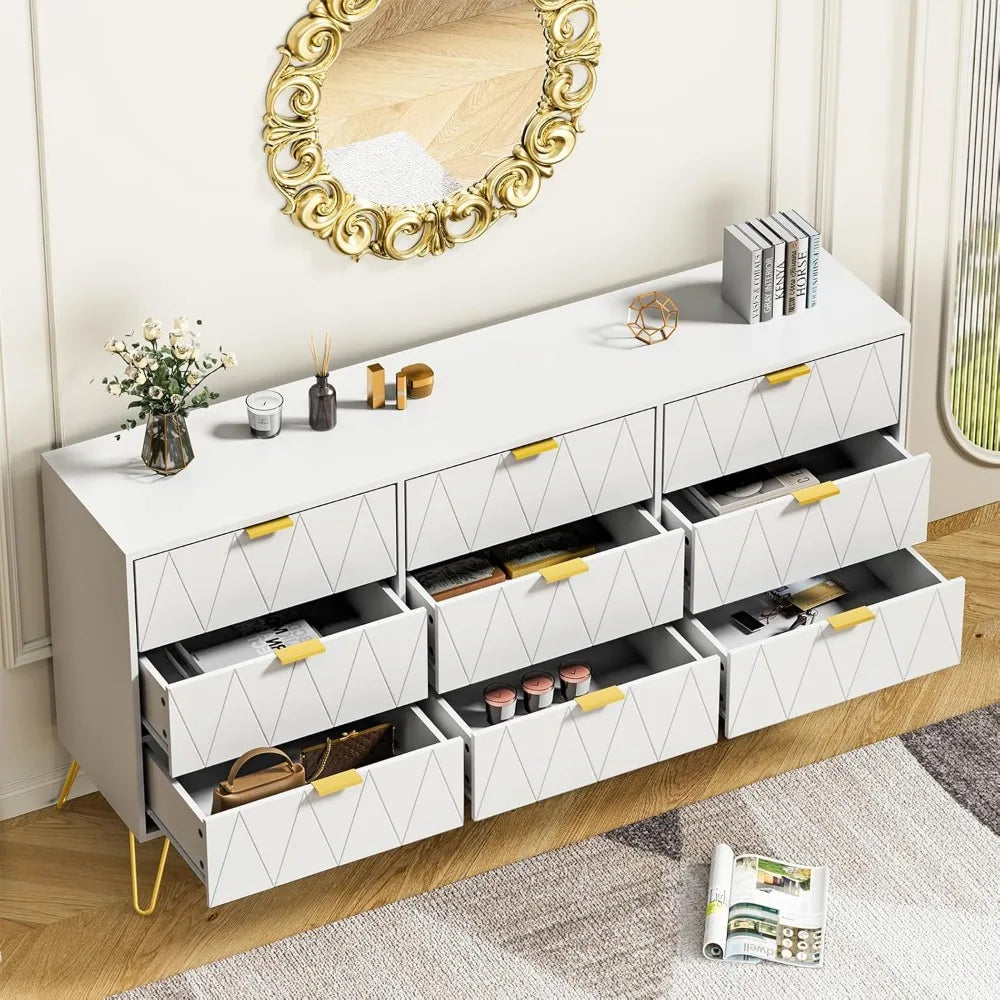 White 9 Drawer Dresser for Bedroom with Deep Drawers, Wood Dressers & Chest of Drawers with Gold Handles, Modern Long Dressers
