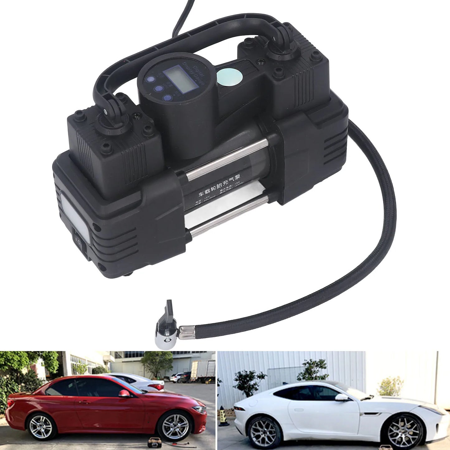 New 12V Air Compressor Pump with LED Light Digital Display Meter 100PSI Cylinder Automobile Tire Inflator Automobile Air Pump