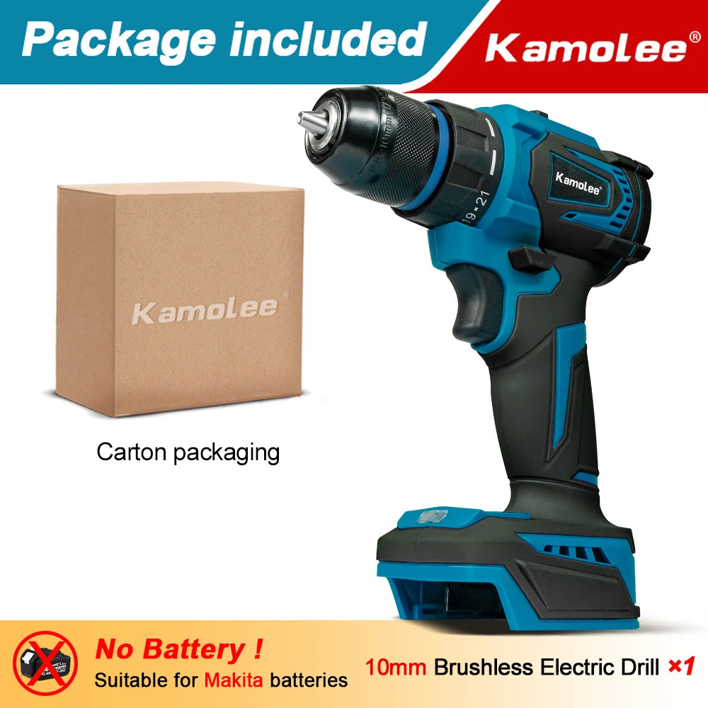 Kamolee 13MM New Brushless Electric Impact Drill Cordless Screwdriver Lithium Battery Charging Hand Drill For Makita 18V Battery
