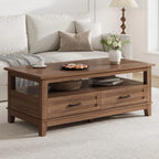 Farmhouse Coffee Table with Drawers, 47.2" Center Table Rustic Coffee Tables Walnut Center Table with Open Shelf