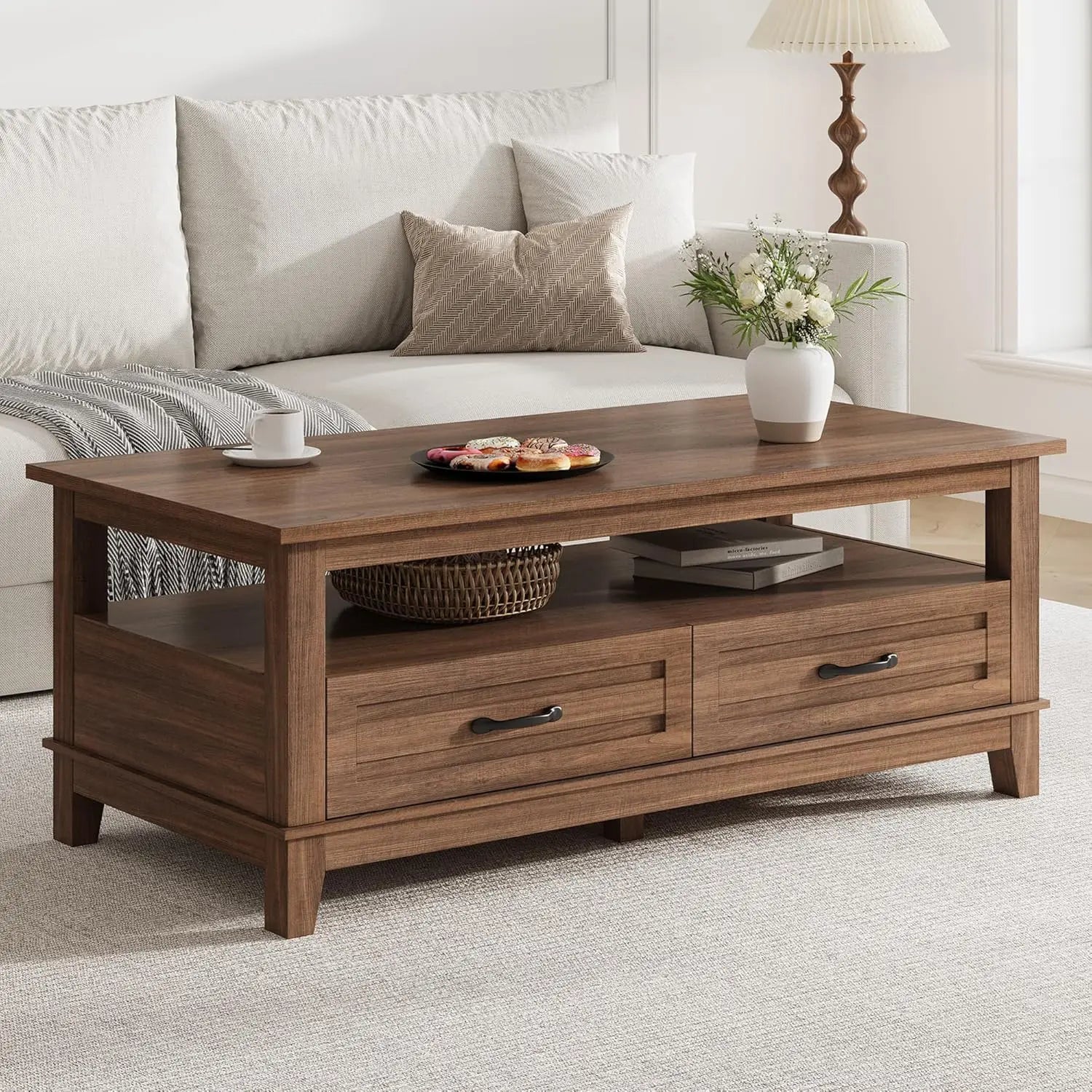 Farmhouse Coffee Table with Drawers, 47.2" Center Table Rustic Coffee Tables Walnut Center Table with Open Shelf