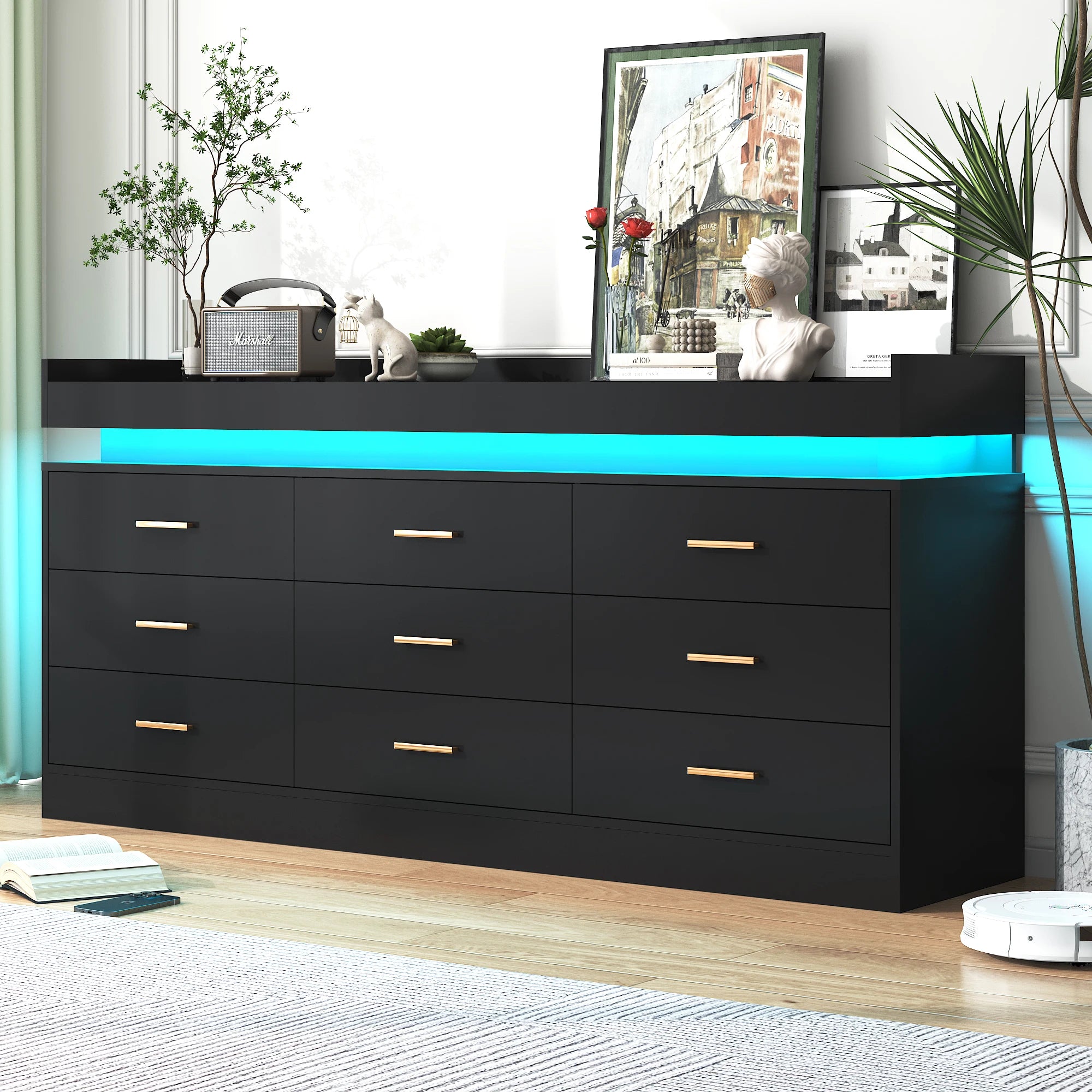 9 Drawer Dresser with LED Light and Charging Station, Modern Chest of Drawers for Closet, Wide Drawer Organizer Cabinet