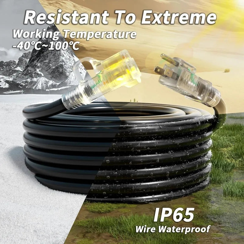 14/3 Gauge Black Outdoor Extension Cord 100 ft Waterproof with Lighted Indicator, Cold Weatherproof -40°C
