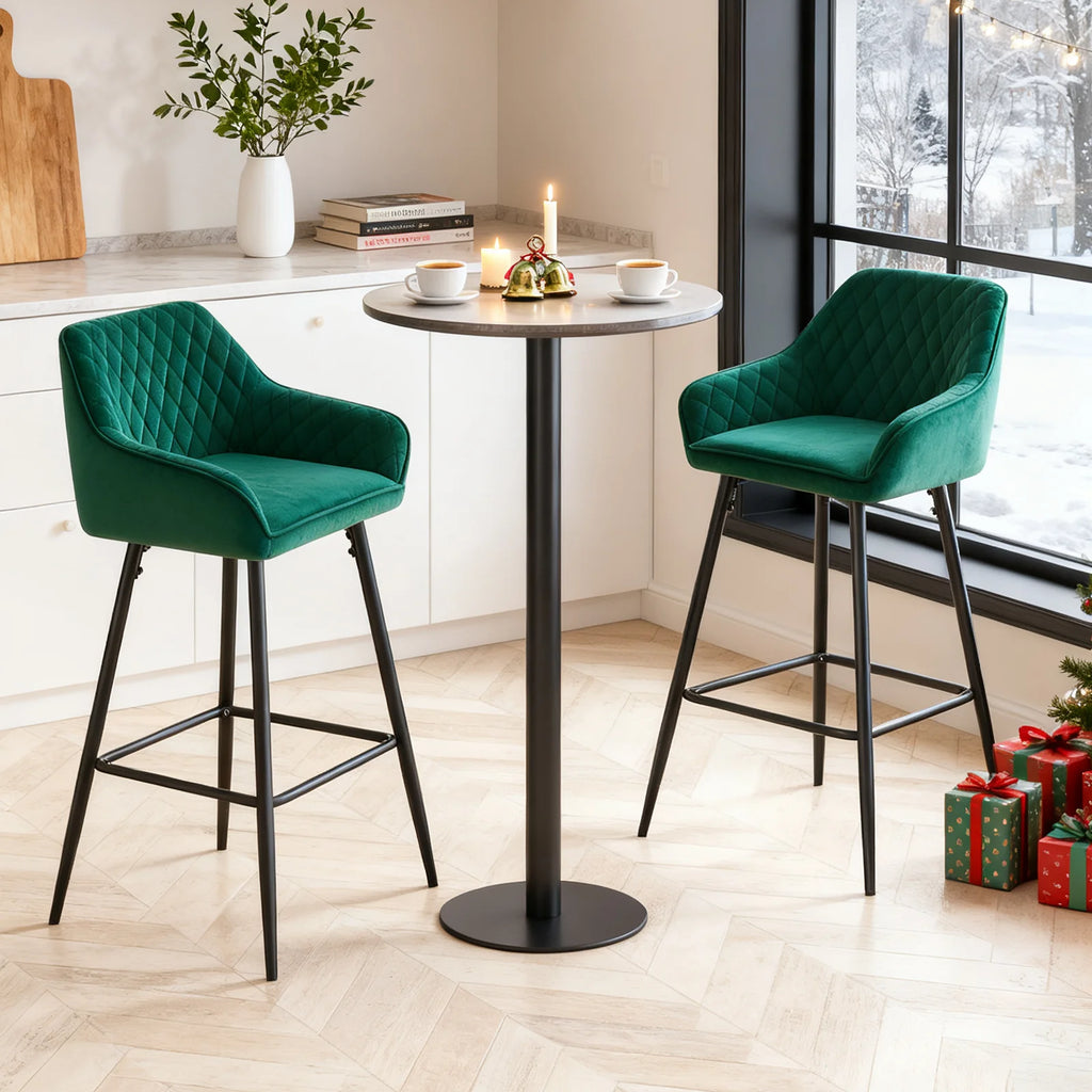 AINPECCA Bar stools Set of 2 Velvet/FauxSuede/Faux Leather Upholstered Seat with Backrest & Armrest Metal Legs Counter Breakfast