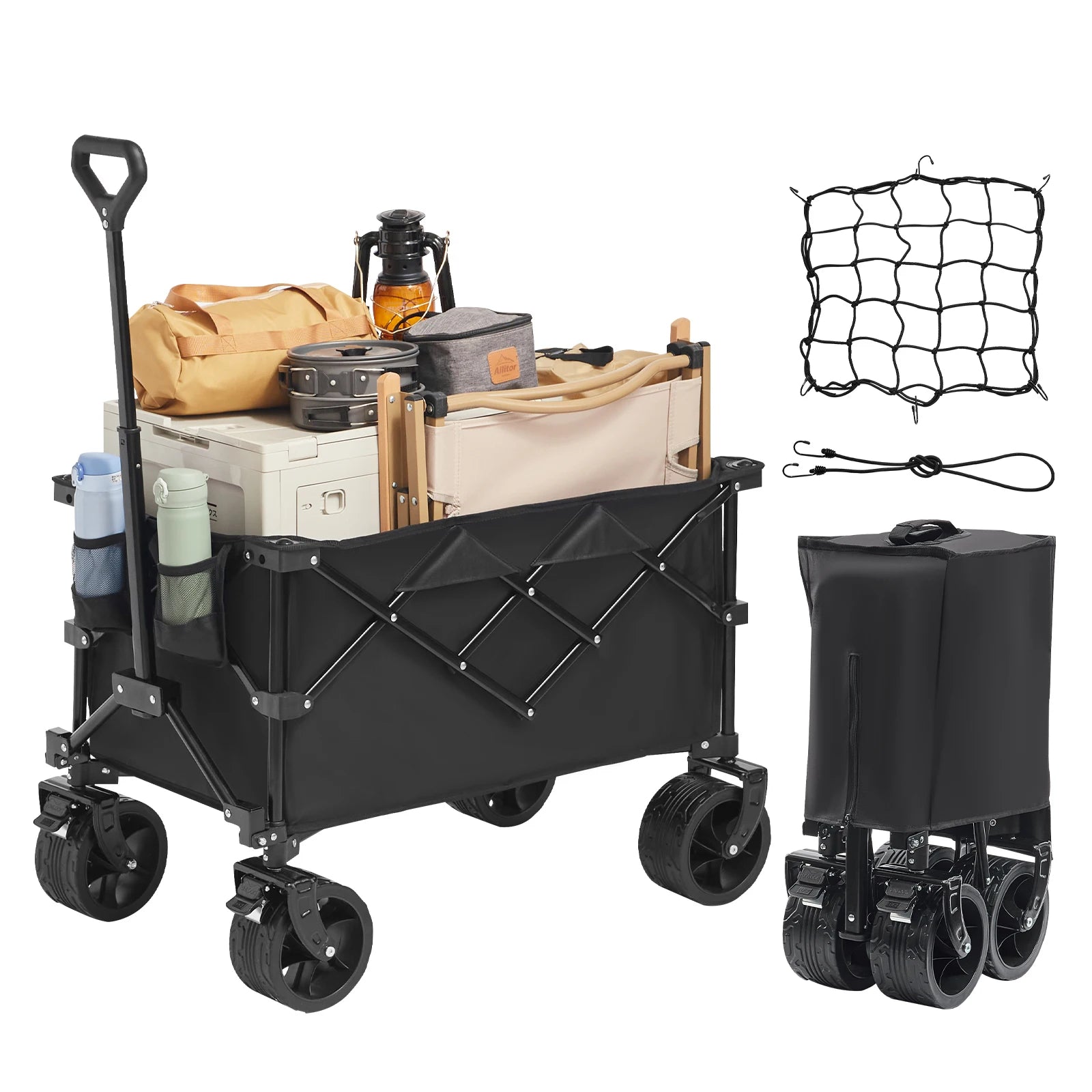 SucceBuy Collapsible Folding Wagon Beach Wagon Cart with All-Terrain Wheels Drink Holders Sports Wagon for Camping Shopping
