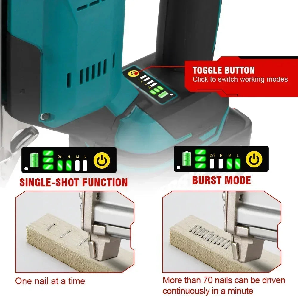 ONEVAN 1022J 2Gears Brushless Cordless Electric Nailer Stapler Furniture Staple Gun Woodworking Tools For 21V 18v Battery