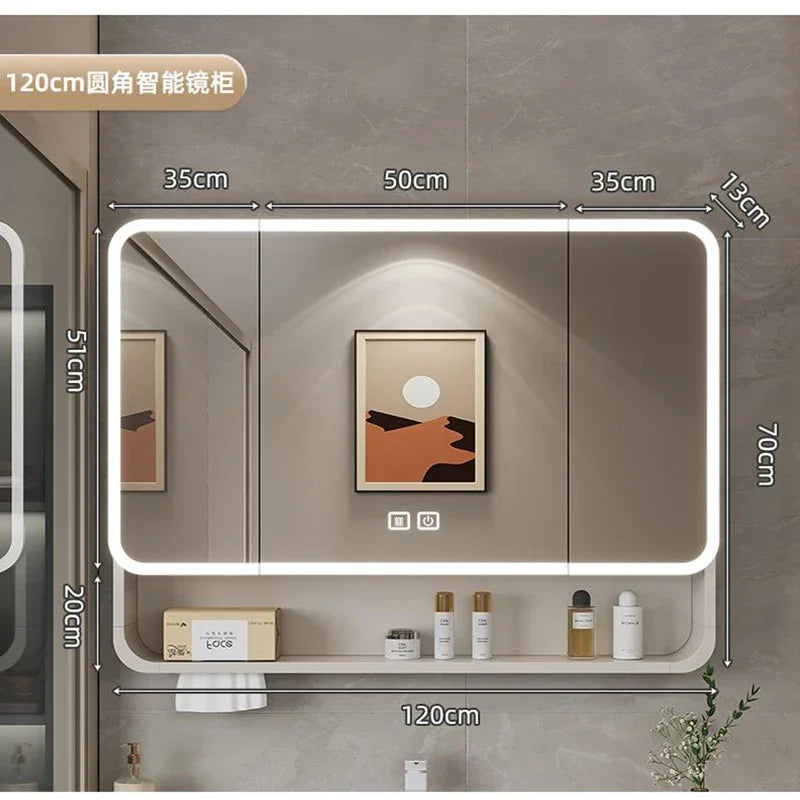 Aluminum Alloy Arc Smart Bathroom Mirror Cabinet Wall Mounted Storage Locker LED Light Bathroom Furniture Muebles Para Baño FYBC