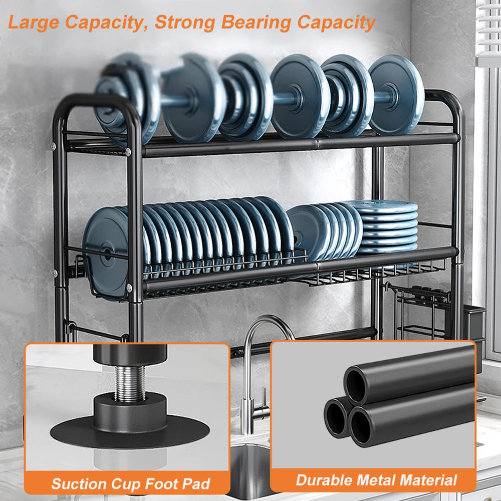 2 Tier Over Sink Dish Drying Rack, Large Metal Kitchen Dish Rack with Utensil Holder, Space Saving Dish Drainer for Kitchen