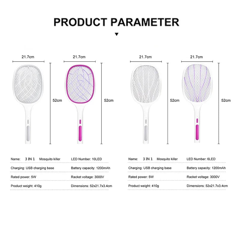 10LED Trap Mosquito Killer Lamp Electric Flies Swatter USB Rechargeable Summer Mosquito Trap Racket Anti Insect Bug Zapper 3000V