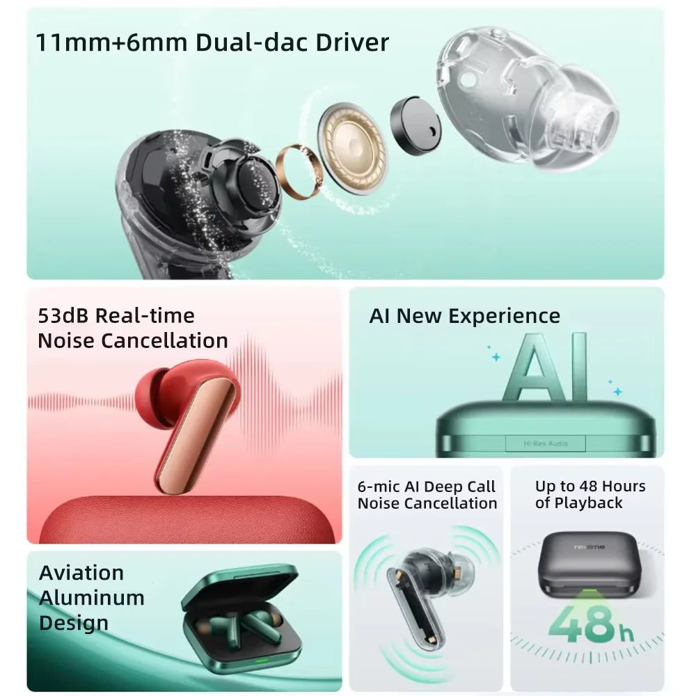 Global Version realme Buds Air 7 Pro Earphone 53dB Real-time Noise Cancellation 11+6mm Dual-DAC Driver Al Live Translator
