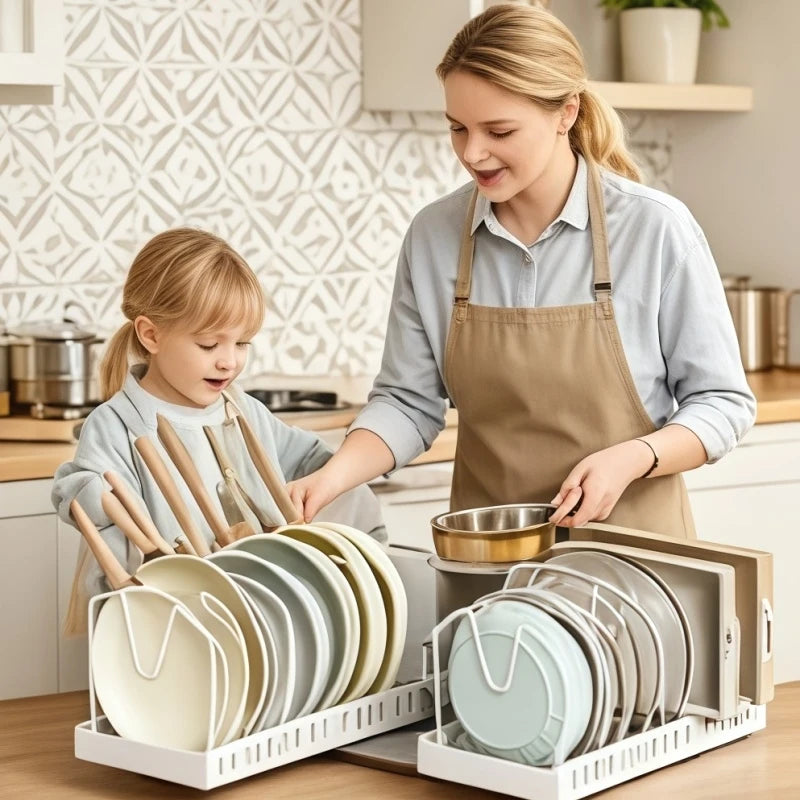 Kitchen Cabinet Pull Out Tray Organizer Adjustable Dish Rack Slide Rails Pots Pans Storage Holder