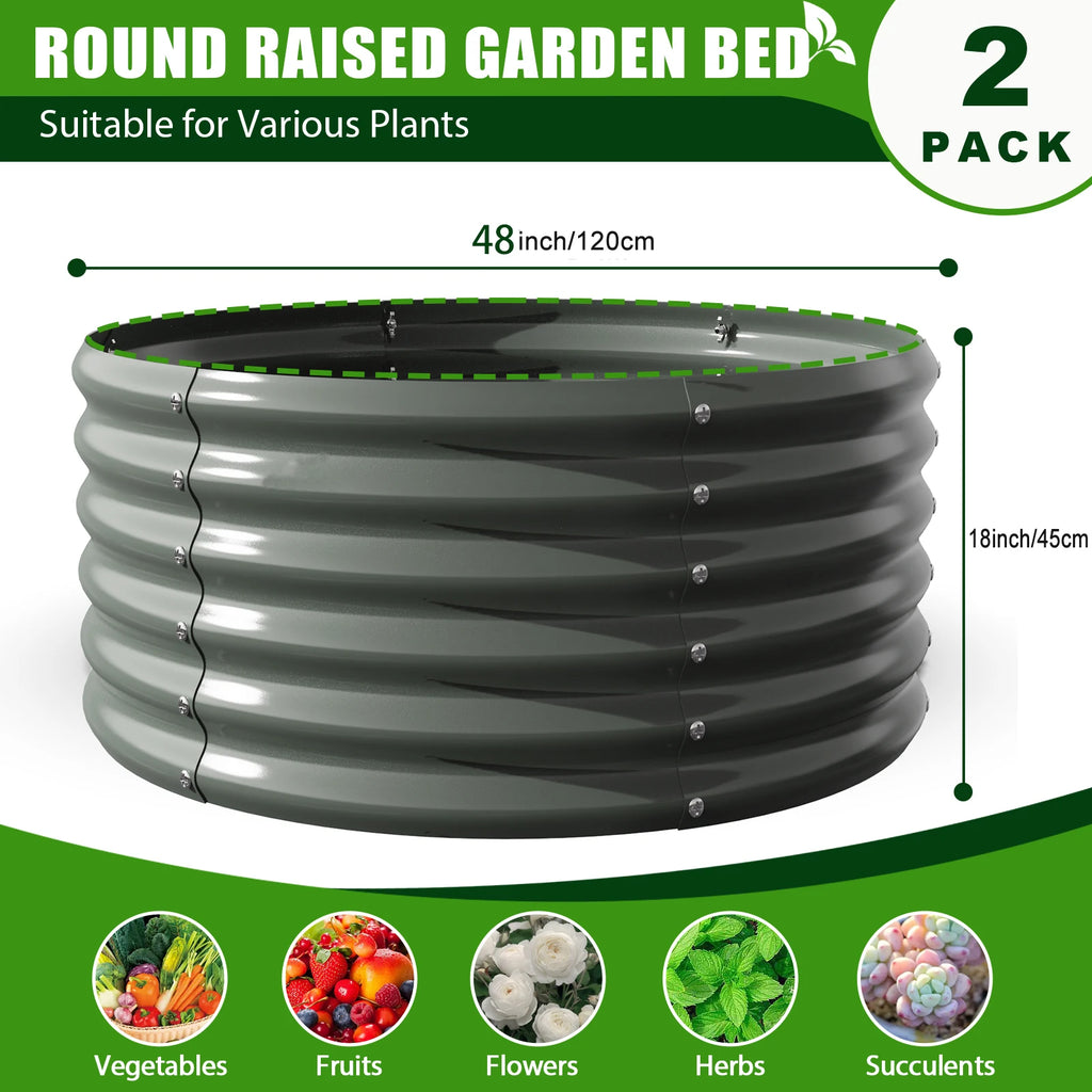 2-Pack 4ft x 18” Tall Galvanized Raised Garden Beds Outdoor, Round Metal Planter Box, Anti-Rust & Easy-Setup