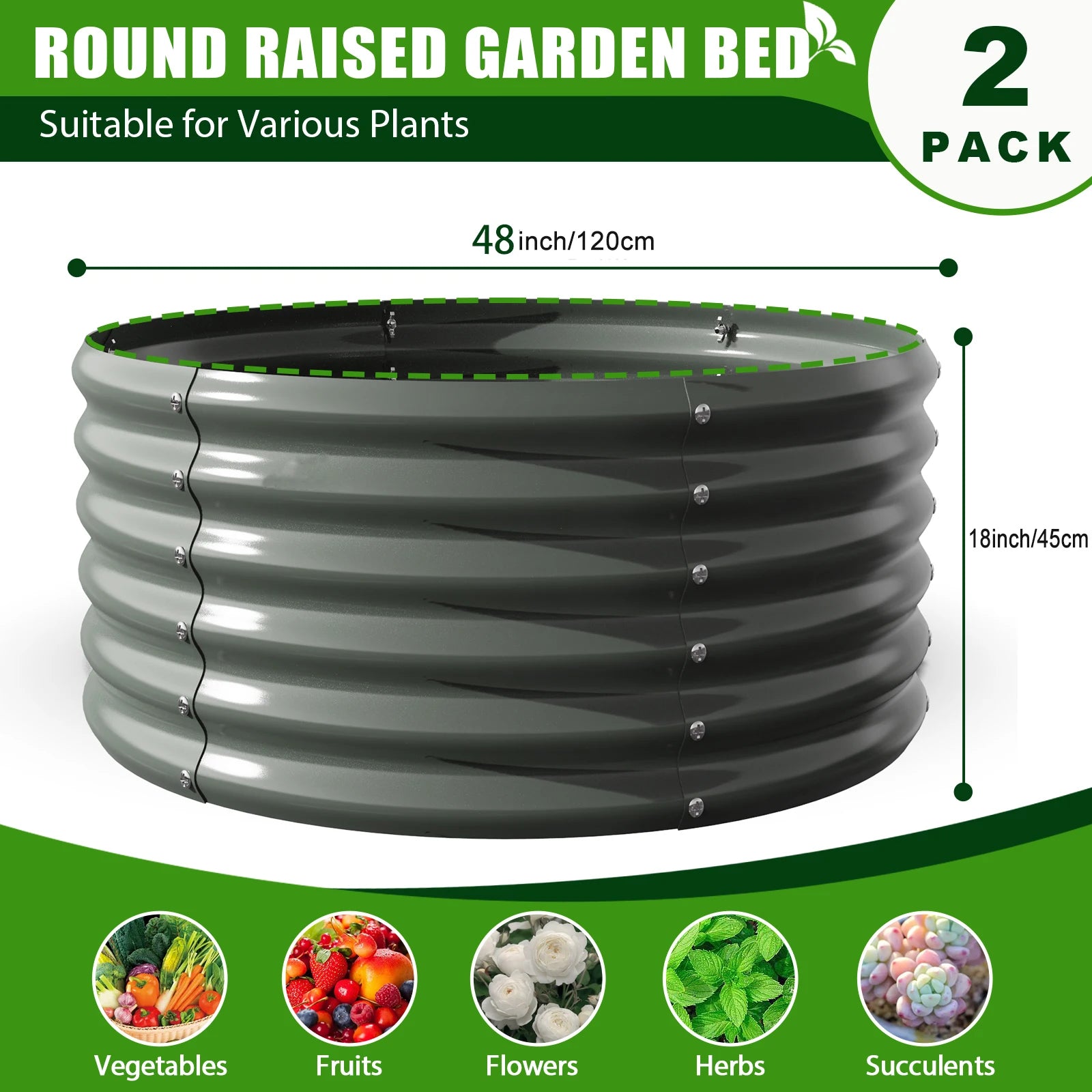 2-Pack 4ft x 18” Tall Galvanized Raised Garden Beds Outdoor, Round Metal Planter Box, Anti-Rust & Easy-Setup