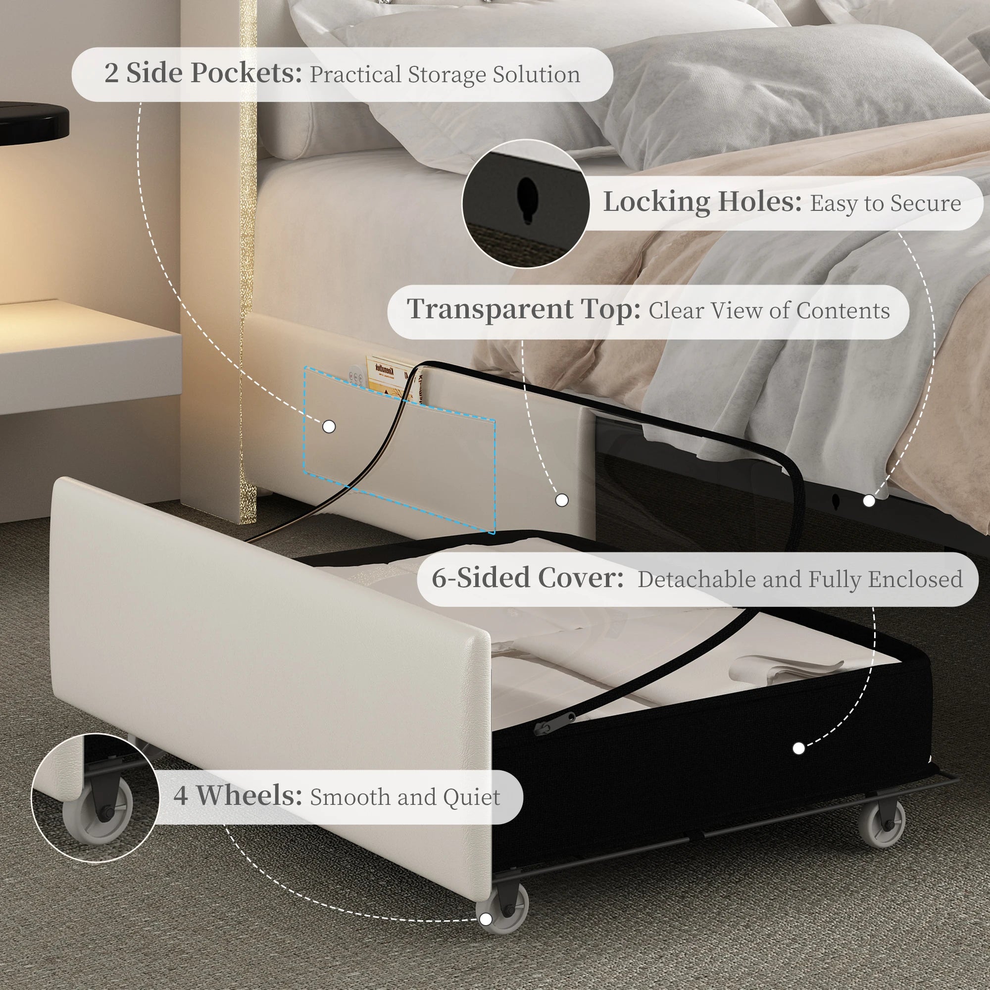 LED Bed Frame with Galaxy Star Projector, 2 Drawers, 52" PU Headboard with Charging Station, Noise Free, No Box Spring