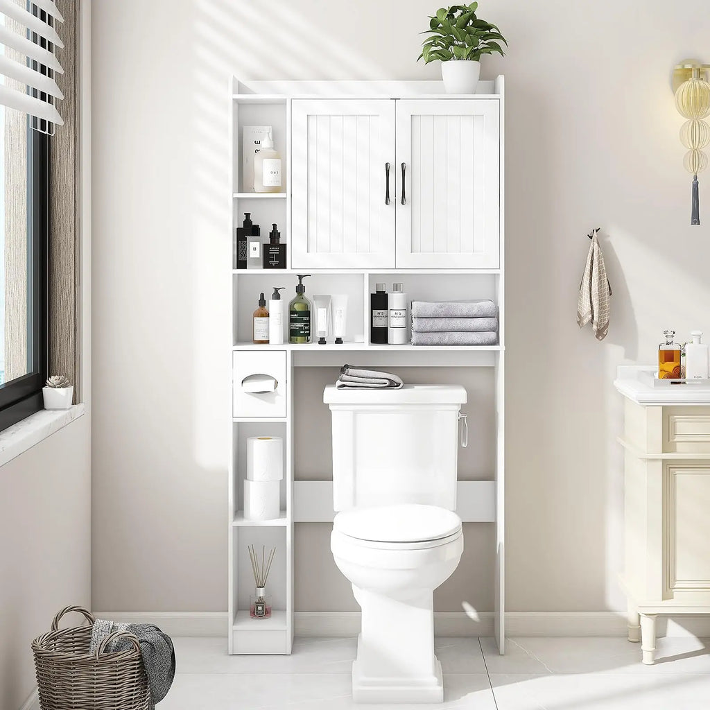 Vabches Bathroom Organizer Storage Wood Over The Toilet Storage Cabinet with Barn Doors&Toilet Paper Stand 67'' Tall Toilet Rack