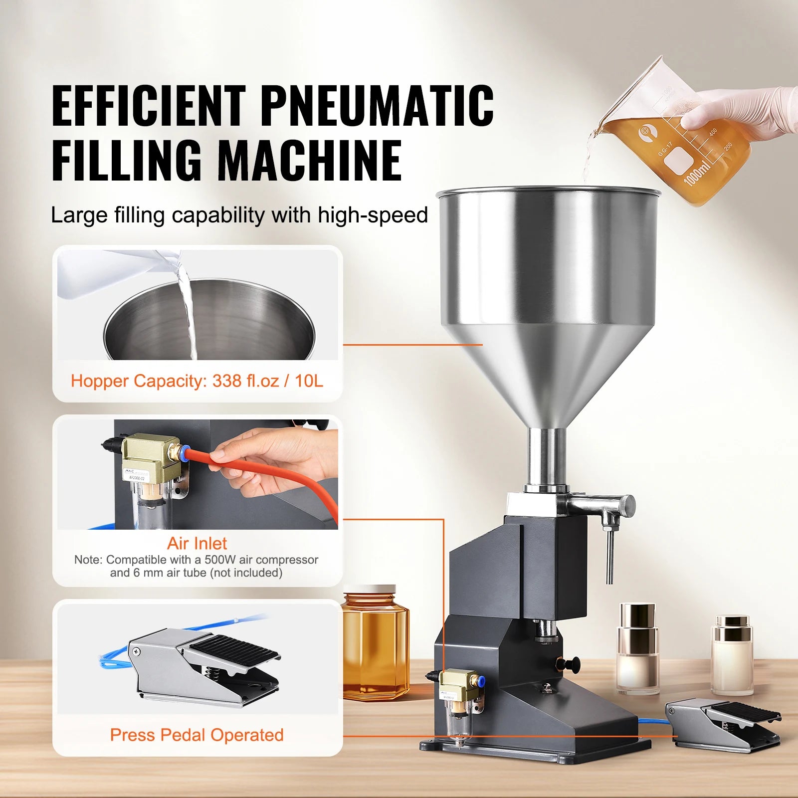 SucceBuy 5-50/100ml A02 Pneumatic/Manual Paste Liquid Filling Machine Bottle Liquid Filler Pedal for Water Juice Cosmetic Milk