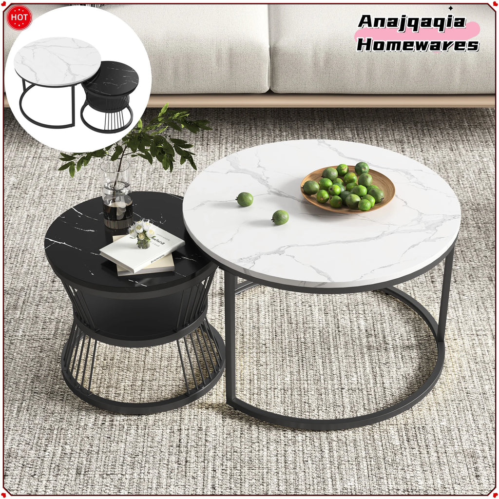 Anajqaqia Set of 2 Round Coffee Tables, Set Tables for Living Room, Stackable Sofa Table, Living Room Table, Black and White