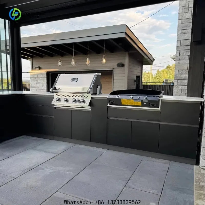 Customized Outdoor Kitchen Cabinet Gas Grill Stainless Steel BBQ With Mini Glass Fridge And LED Lighting