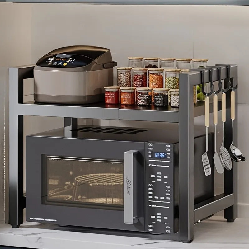 Black Metal Functional Kitchen Storage Rack 2 Colors Expandable Countertop Organizer for Microwave Oven Spice Utensils Cookware