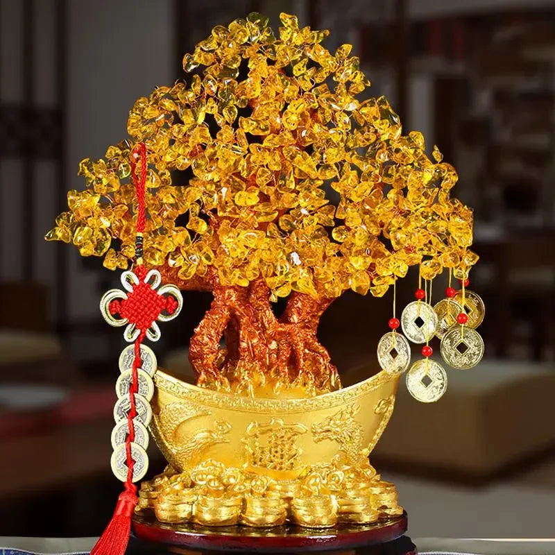 Lucky Money Tree Chinese Gold Ingot Crystal Fortune Tree Ornament Wealth Ornament Home Office Table Decoration Tabletop Crafts