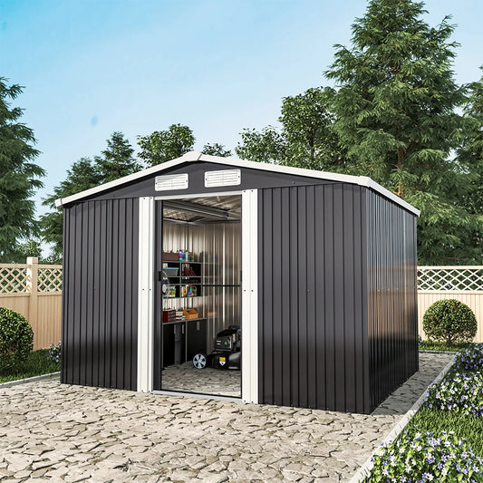 【Breeins】6 X 8 FT Black Outdoor Storage Shed, Metal Large Shed Garden with Air Vent, 2 Slide Door