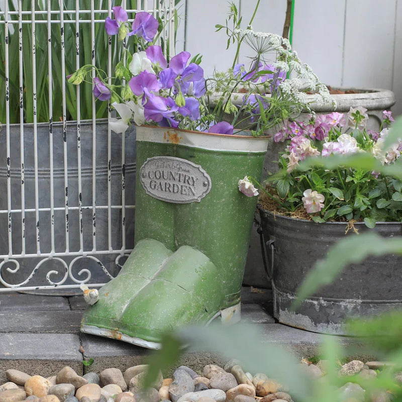 Metal Flower Pots Planters For Outdoors Basket Bucket Farmhouse Planters Green With Iron Bird Boots Vintage Flower Holder Decor