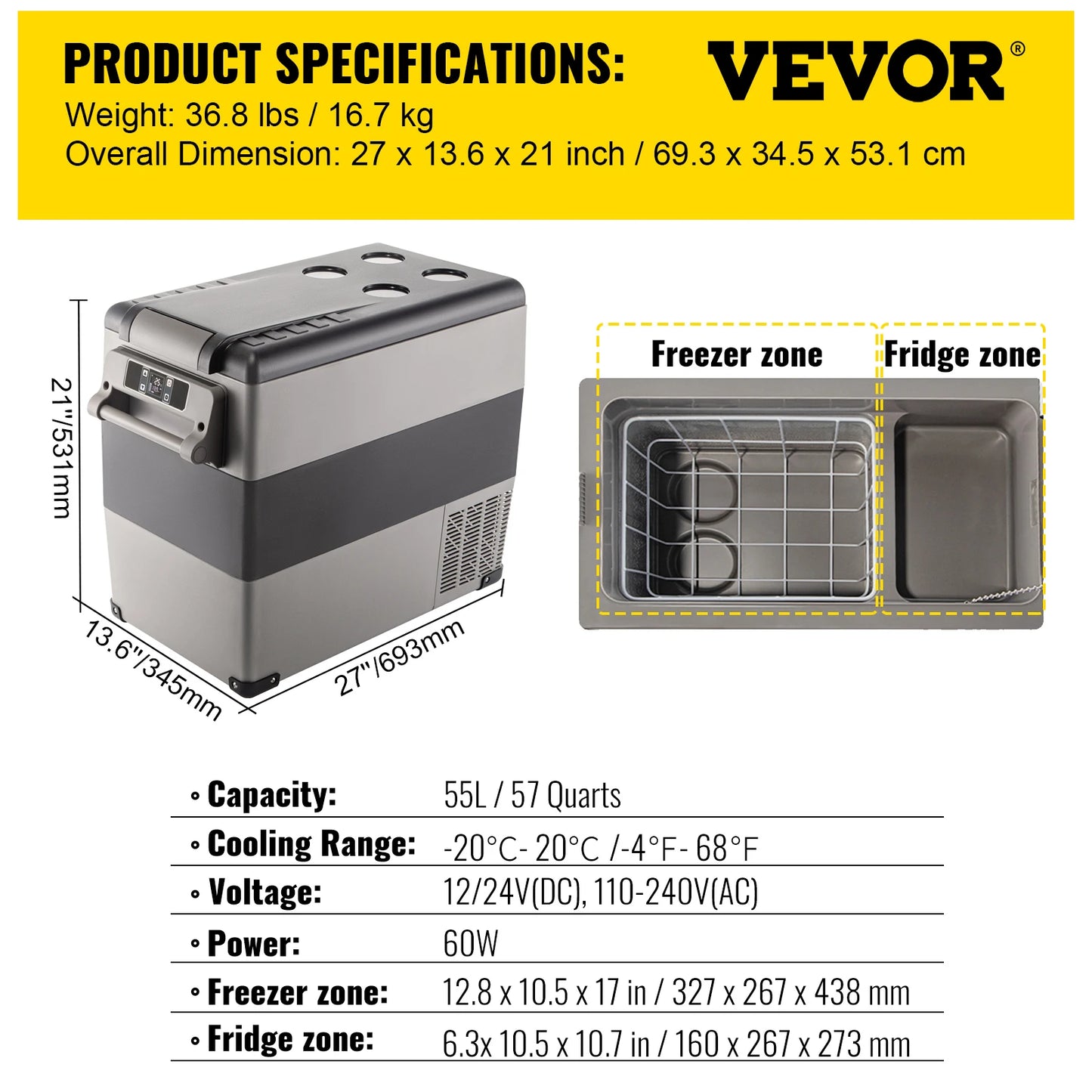 VEVOR Portable Car Refrigerator - Freezer Cooler 12/24V
