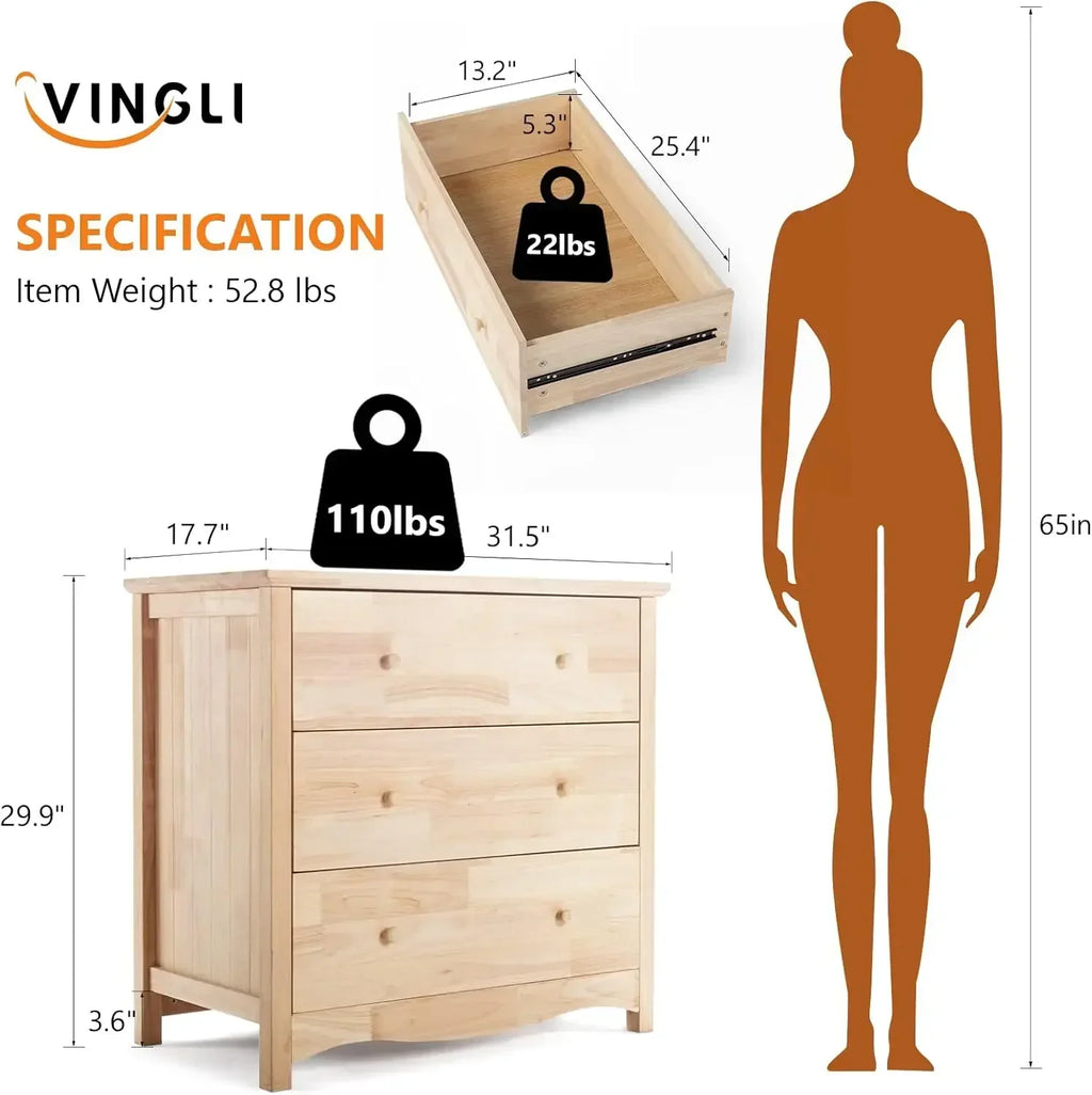 3 Drawer Dresser with Spacious Storage Natural Solid Wood Dresser, Farmhouse Dresser for Bedroom bedroom furniture