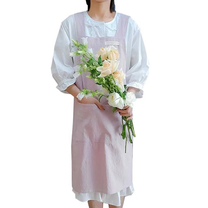 Stain-resistant Cotton Linen Cross-back Kitchen Apron With Pocket Plain Women's Pinafore For Cooking Cleaning Gardening Baking