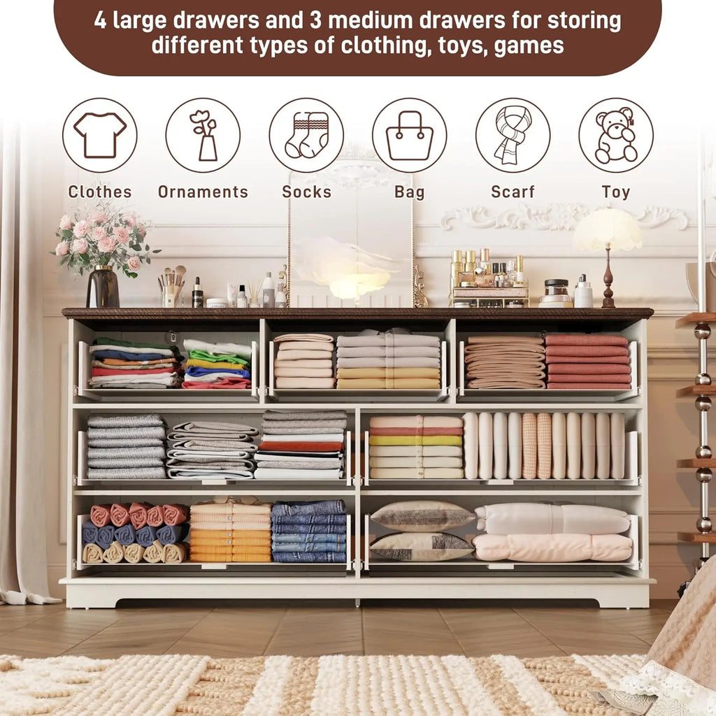Fluted 7 Drawers Dresser for Bedroom, 63" Wood Dresser with Power Outlet and Deep Drawers, Wide Chest of Drawers