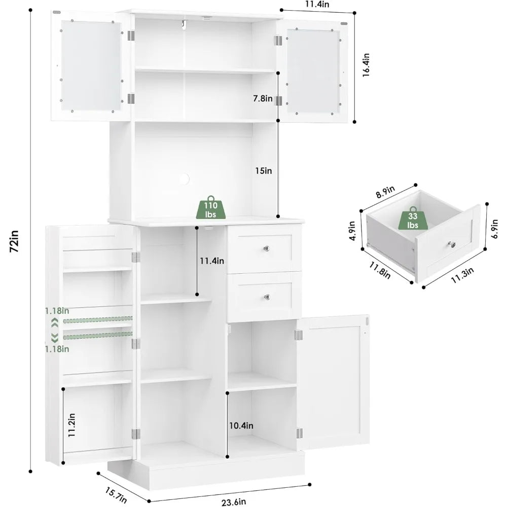 72" Tall Kitchen Pantry Storage Cabinet, Kitchen Hutch Cabinet with Doors and Shelves, Modern Food Pantry with 2 Drawers