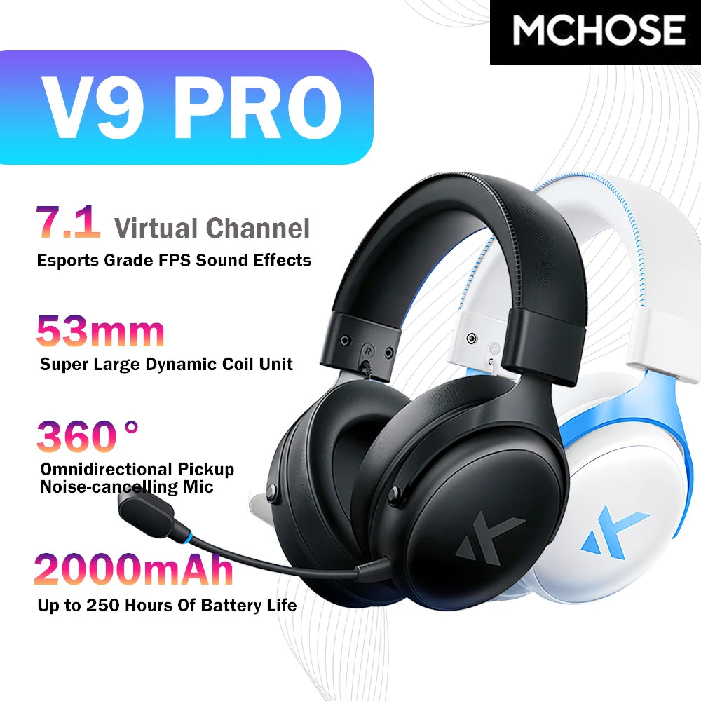 MCHOSE V9 PRO 7.1 Headphones Tri-Mode BT Wireless Low-Latency Gaming E-Sports Headset With Noise Reduction Mic For PC PS4 PS5