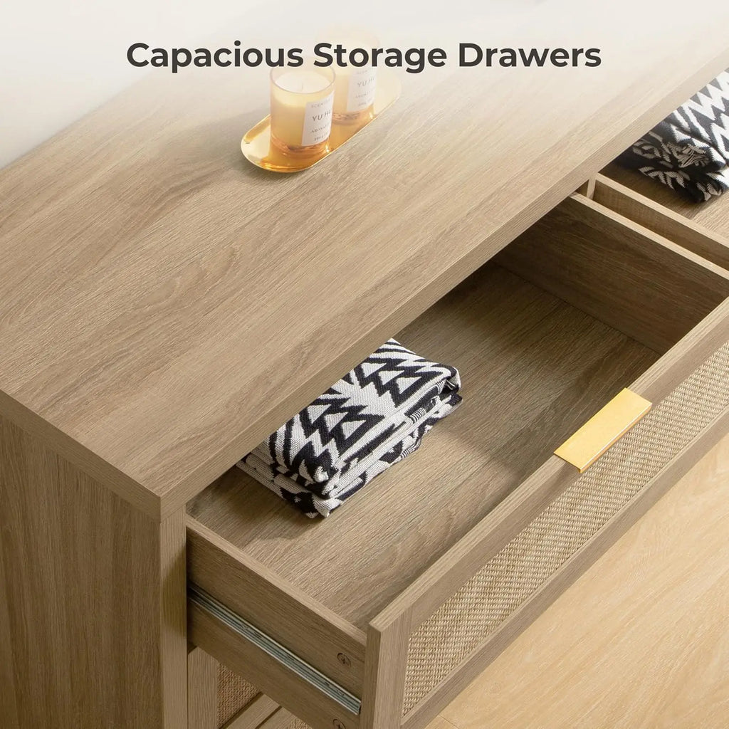 Rattan Dresser for Bedroom, 56.9" Wide 6 Drawer Dresser with Ample Storage, Dressers Large Chest of DrawersCloset, Boho TV Stand