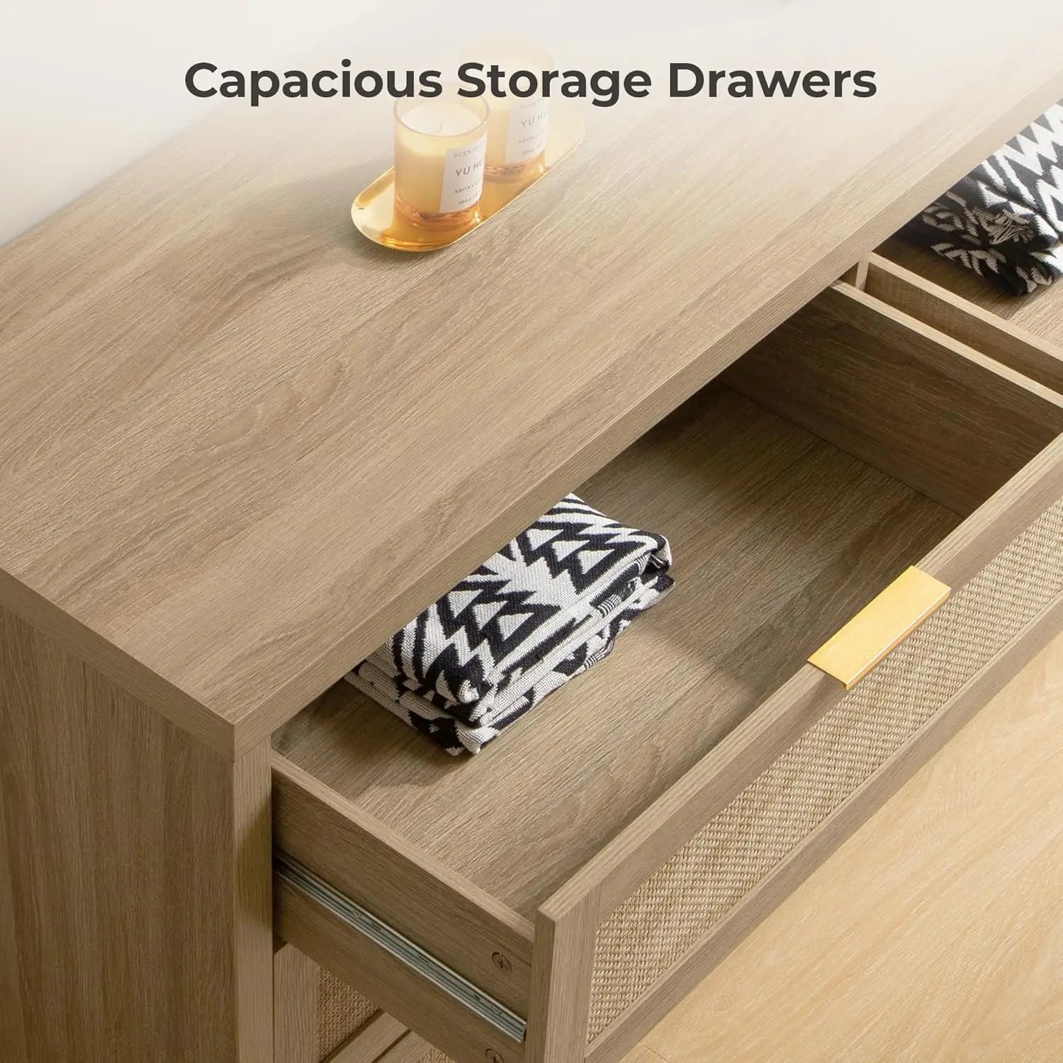 Rattan Dresser for Bedroom, 56.9" Wide 6 Drawer Dresser with Ample Storage, Dressers Large Chest of DrawersCloset, Boho TV Stand