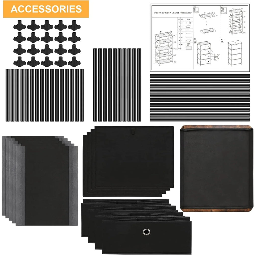 4-Drawer Fabric Closet Organizer | Foldable Clothes Storage Dresser for Bedroom/Dorm/Hallway | Easy Assembly Storage Bins, Black