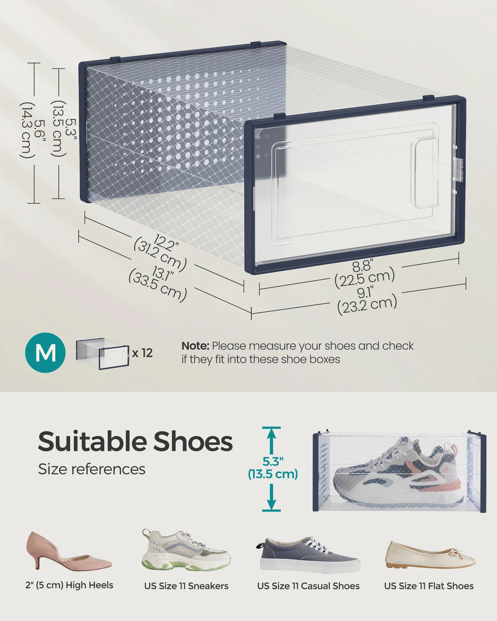 SONGMICS Shoe Boxes,Pack of 12 Shoe Storage Organizers,Stackable Clear Plastic Boxes for Closet,Sneakers,9.1 x 13.1 x 5.6 Inches